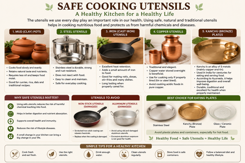 Safe cooking utensils for healthy living with traditional clay pots, iron cookware, stainless steel, and wooden utensils.